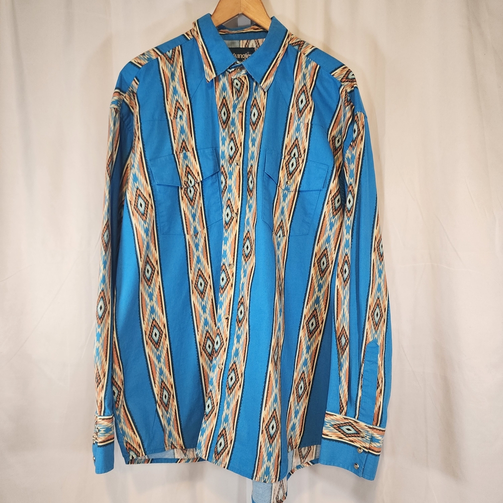 Wrangler Shirt Mens XL Western Cowboy Pearl Snap Blue Aztec Striped Long Sleeve